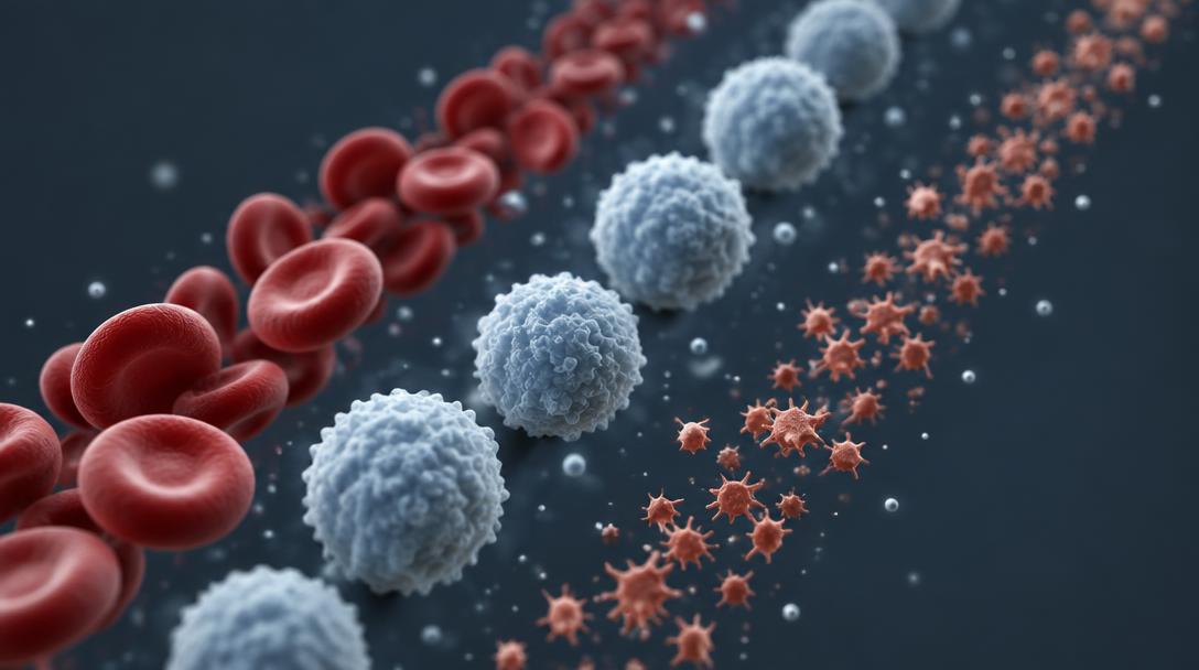 Three parallel streams of red cells, larger pale cells and small platelets.