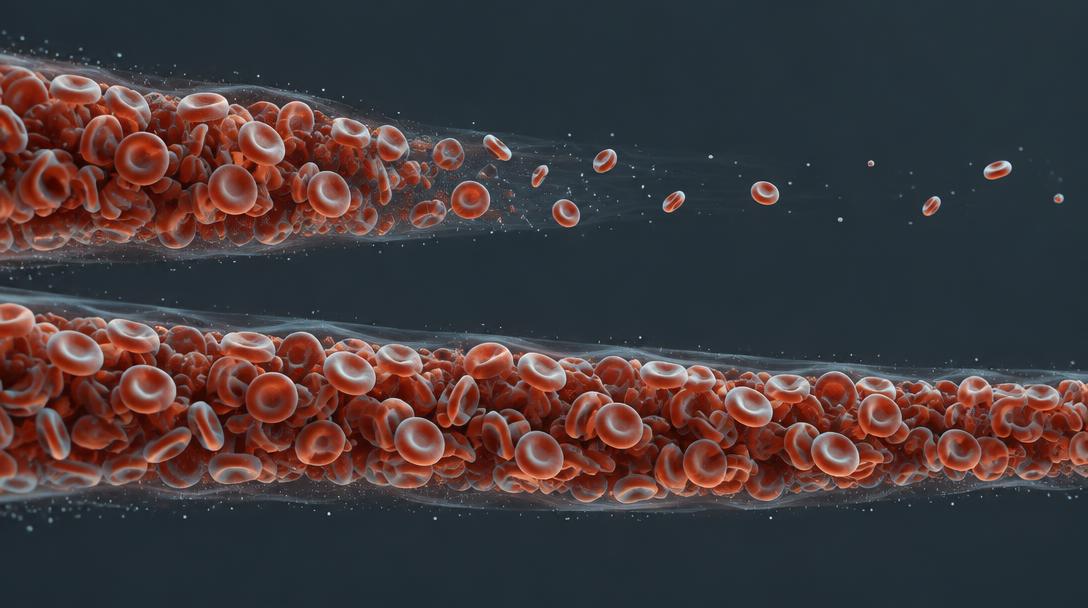 Two streams of red blood cells, one thinning out earlier than the other.
