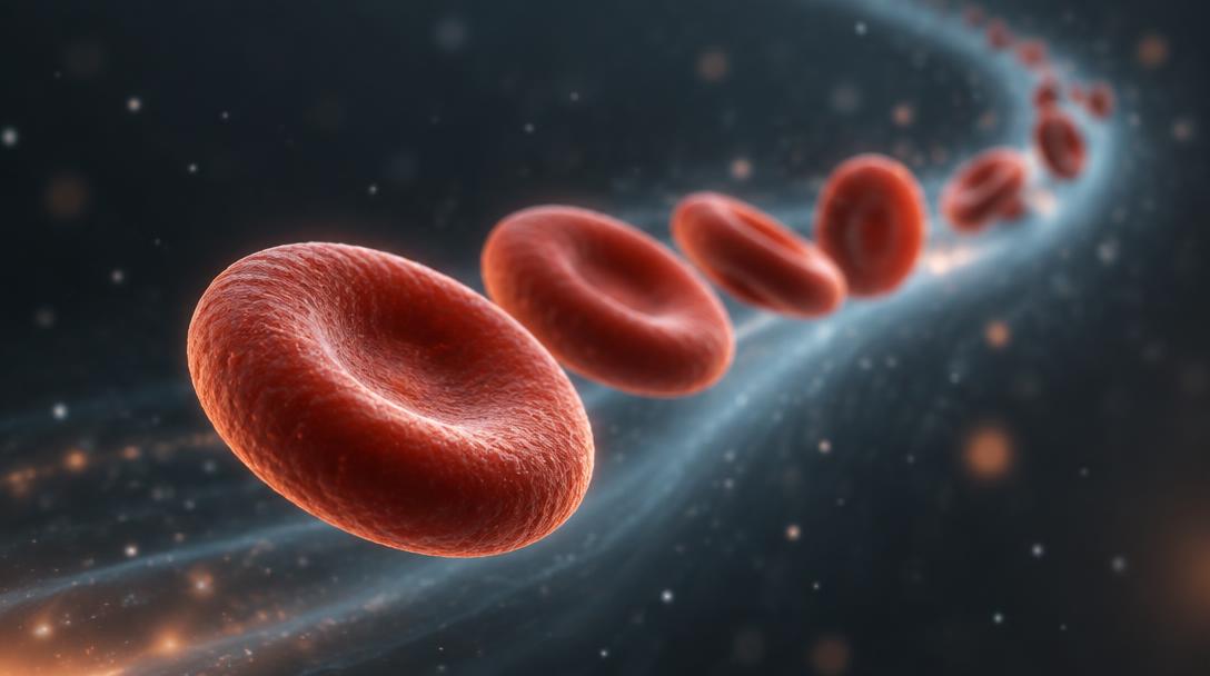 Red blood cells recede along a curved path of light, with the nearest cell in sharp focus.
