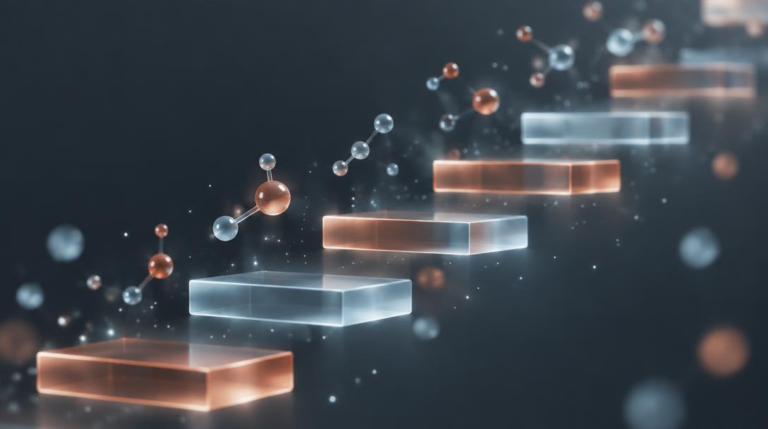 Rising steps of light with molecules drifting upward.