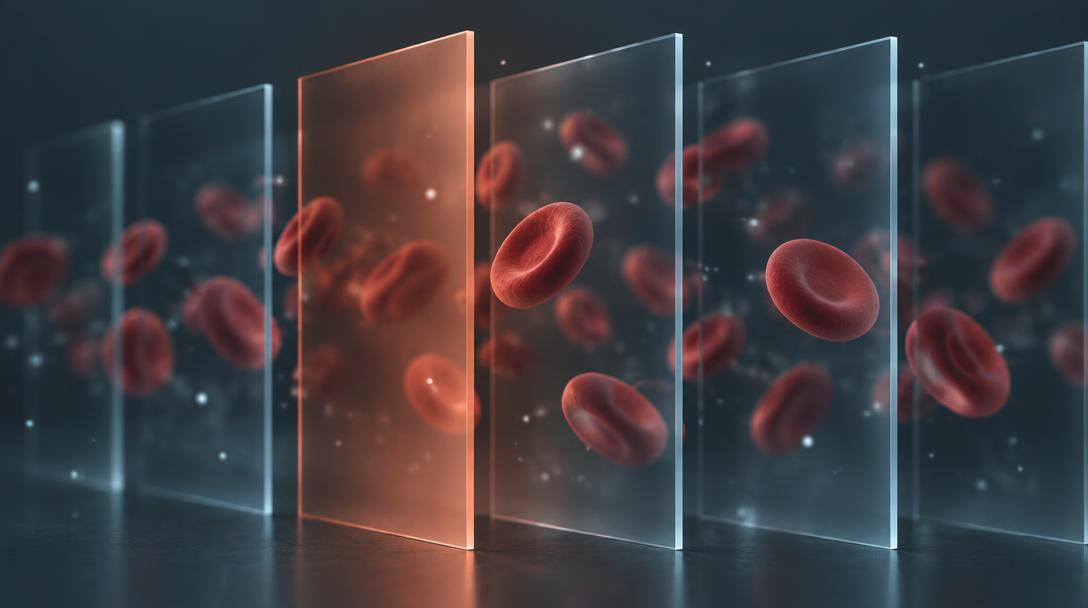 Translucent panels side by side with red blood cells drifting behind them, one panel lit in terracotta.