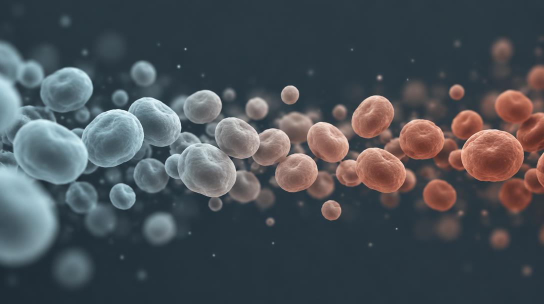 A slow stream of red blood cells shifts from pale blue-grey to terracotta along a flowing line.