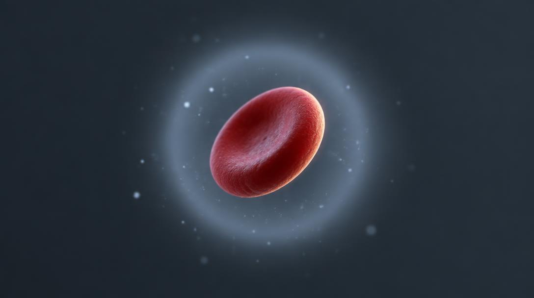 A single red blood cell sits inside a faint band of light, with darker space on either side.