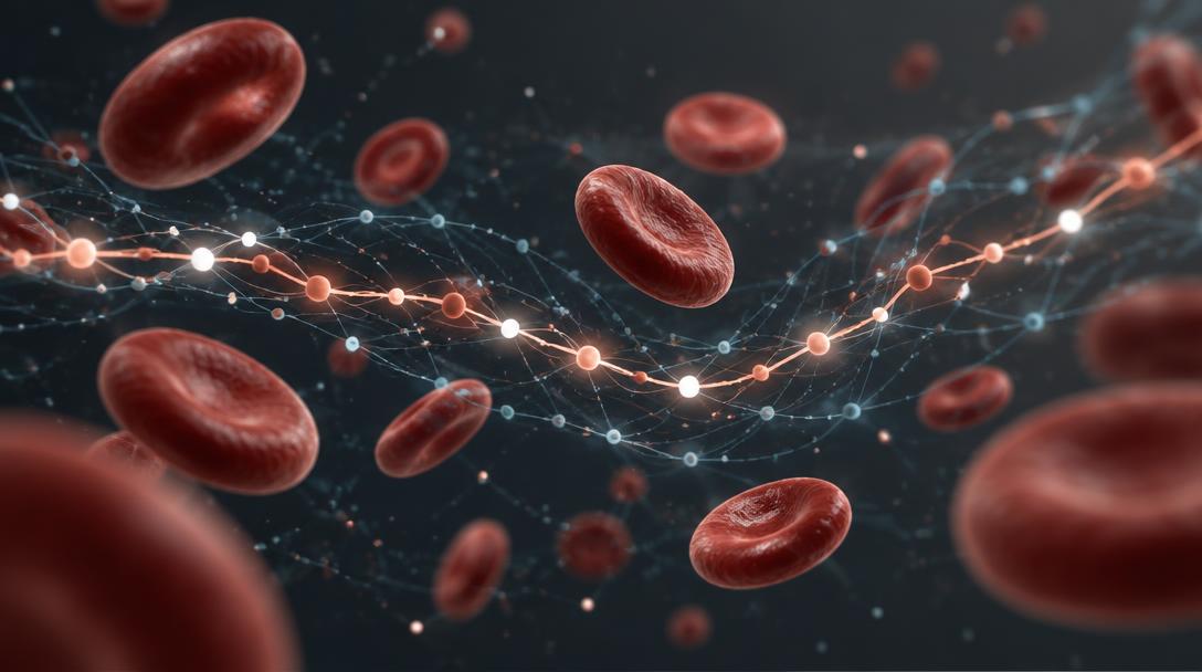 A path of connected glowing points running through a field of red blood cells.