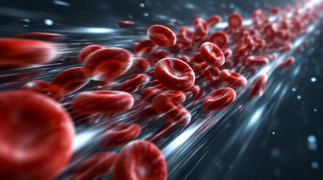 Red blood cells stream swiftly along a bright sweeping curve, trailing fine particles of light.