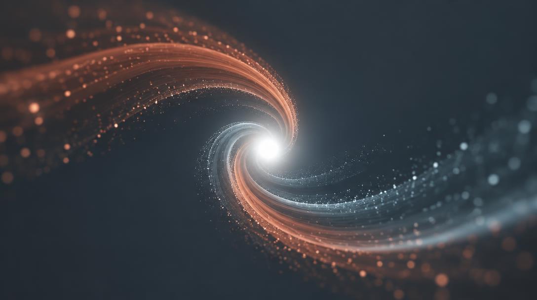 Two curves of light sweeping in opposite directions around a bright centre.