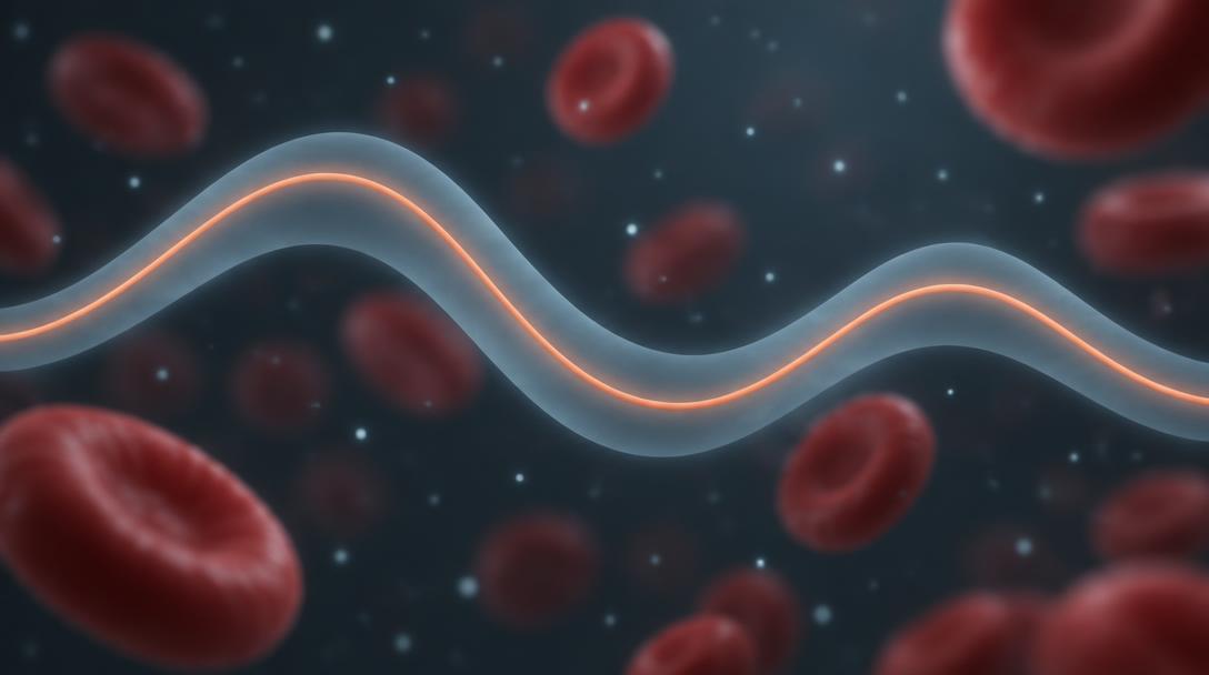 A glowing line rising and falling inside a soft band, with blood cells out of focus behind.