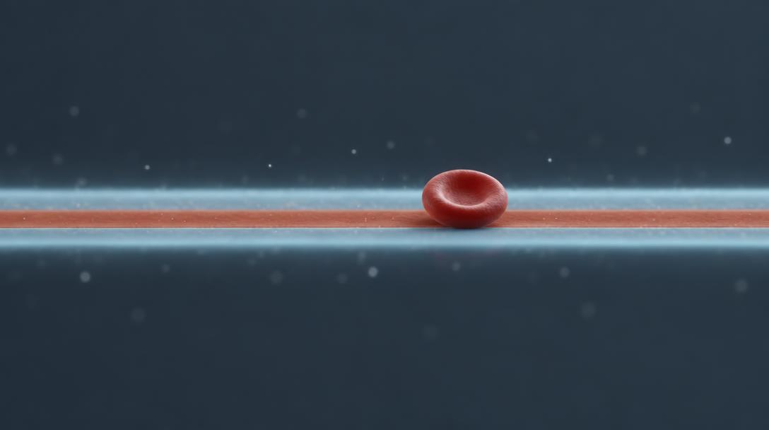 A narrow terracotta band inside a wider pale blue-grey band, with one red blood cell resting on it.