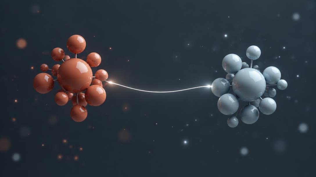 Pairs of red blood cells balance on either side of a fine glowing line, like a set of scales.